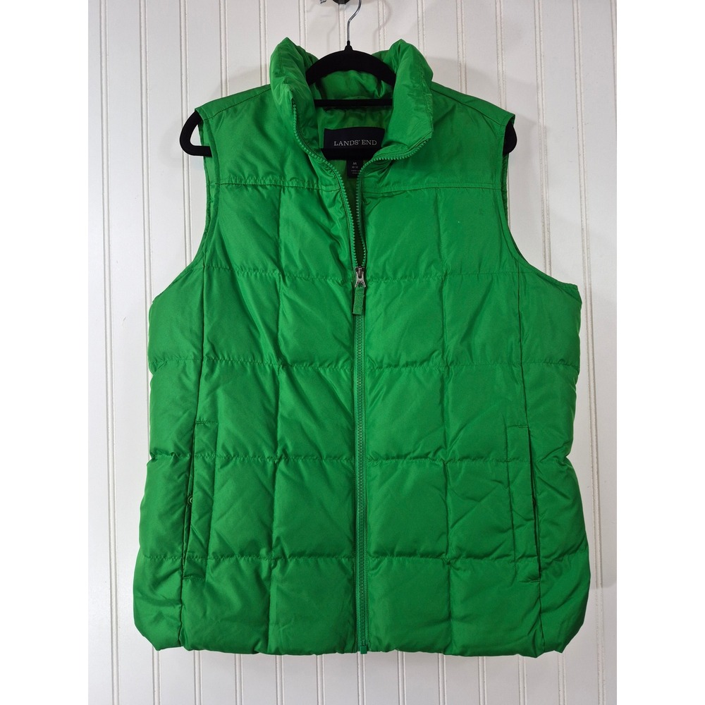 Lands End Green Down Puffer Vest Womens Medium 10-12 Quilted Full Zip Outerwear